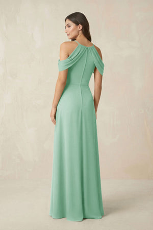 Off - the - Shoulder Chiffon Sheath Bridesmaid Dress With Slit in Pale Pistachio - SHE IS ME Bridesmaid Dresses