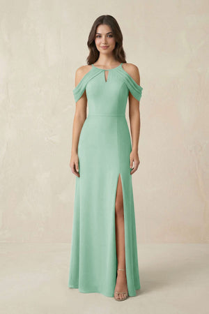 Off - the - Shoulder Chiffon Sheath Bridesmaid Dress With Slit in Pale Pistachio - SHE IS ME Bridesmaid Dresses