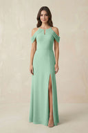 Off-the-Shoulder Chiffon Sheath Bridesmaid Dress With Slit in Pale Pistachio | KISSBRIDAL