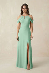 Off-the-Shoulder Chiffon Sheath Bridesmaid Dress With Slit in Pale Pistachio | KISSBRIDAL