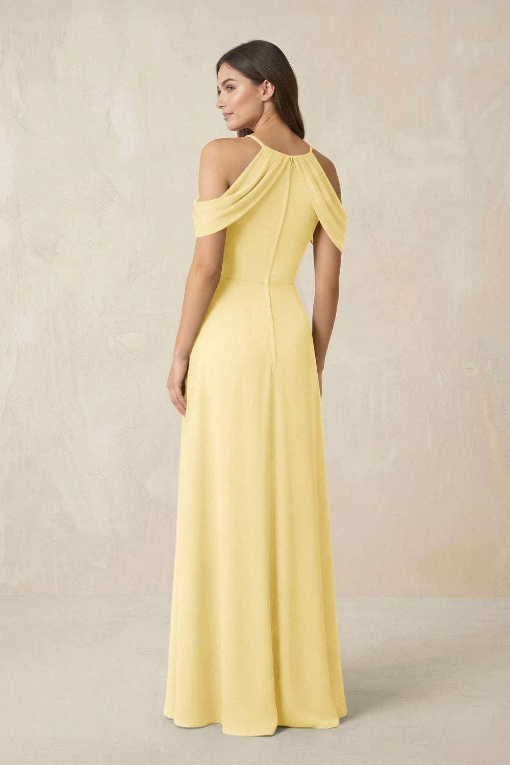 Off - the - Shoulder Chiffon Sheath Bridesmaid Dress With Slit in Pastel Yellow - KISS BRIDAL Bridesmaid Dresses