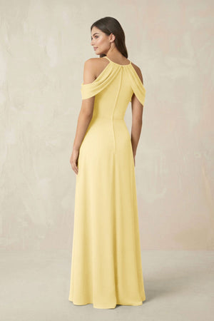 Off - the - Shoulder Chiffon Sheath Bridesmaid Dress With Slit in Pastel Yellow - SHE IS ME Bridesmaid Dresses