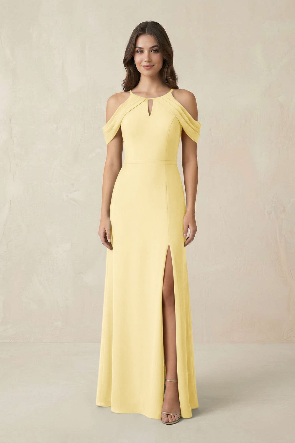 Off - the - Shoulder Chiffon Sheath Bridesmaid Dress With Slit in Pastel Yellow - KISS BRIDAL Bridesmaid Dresses
