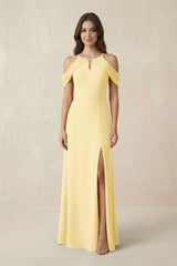 Off - the - Shoulder Chiffon Sheath Bridesmaid Dress With Slit in Pastel Yellow - KISS BRIDAL Bridesmaid Dresses