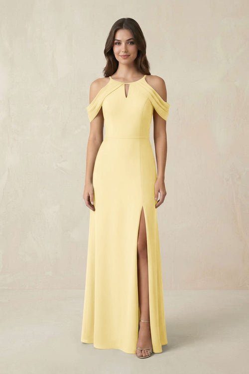 Off - the - Shoulder Chiffon Sheath Bridesmaid Dress With Slit in Pastel Yellow - SHE IS ME Bridesmaid Dresses