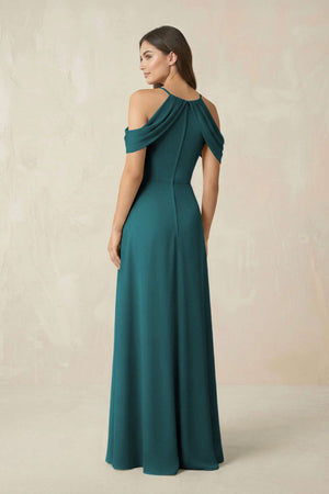 Off - the - Shoulder Chiffon Sheath Bridesmaid Dress With Slit in Pine - SHE IS ME Bridesmaid Dresses