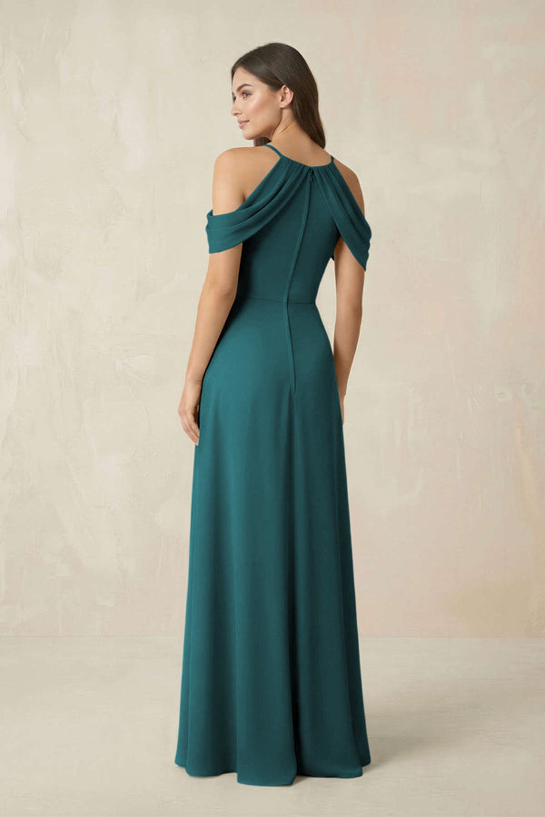 Off - the - Shoulder Chiffon Sheath Bridesmaid Dress With Slit in Pine - SHE IS ME Bridesmaid Dresses