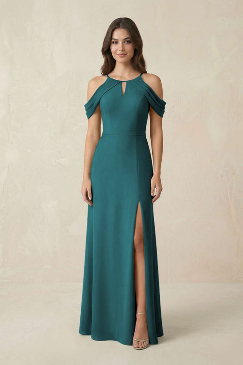 Off - the - Shoulder Chiffon Sheath Bridesmaid Dress With Slit in Pine - SHE IS ME Bridesmaid Dresses