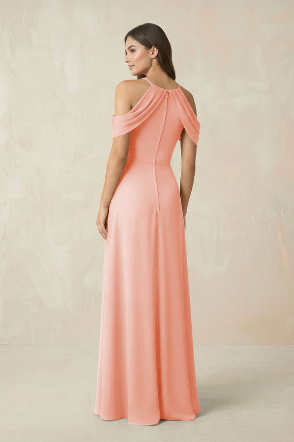 Off - the - Shoulder Chiffon Sheath Bridesmaid Dress With Slit in Rose Petal - SHE IS ME Bridesmaid Dresses