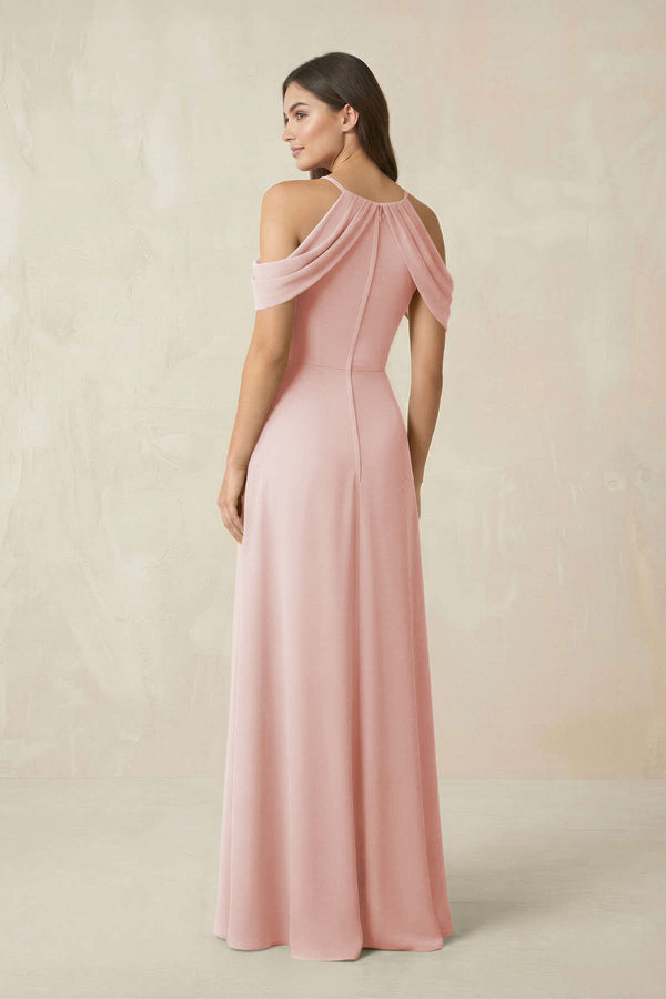 Off-the-Shoulder Chiffon Sheath Bridesmaid Dress With Slit in Rose Petal (2) | KISSBRIDAL