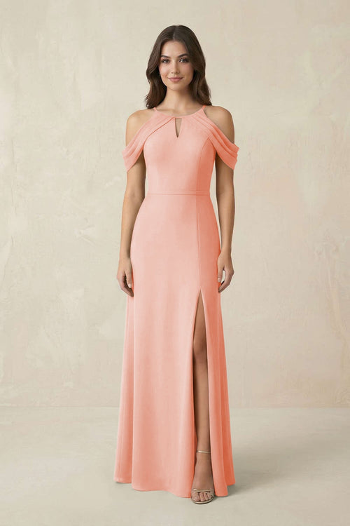 Off - the - Shoulder Chiffon Sheath Bridesmaid Dress With Slit in Rose Petal - SHE IS ME Bridesmaid Dresses