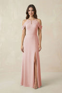 Off-the-Shoulder Chiffon Sheath Bridesmaid Dress With Slit in Rose Petal | KISSBRIDAL