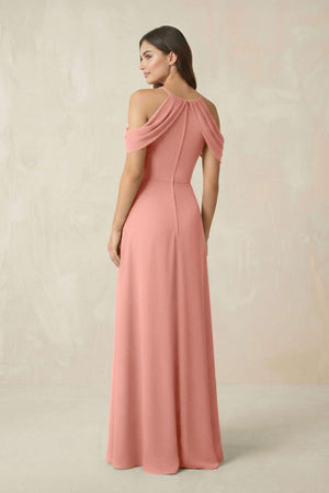 Off-the-Shoulder Chiffon Sheath Bridesmaid Dress With Slit in Rosette (2) | KISSBRIDAL