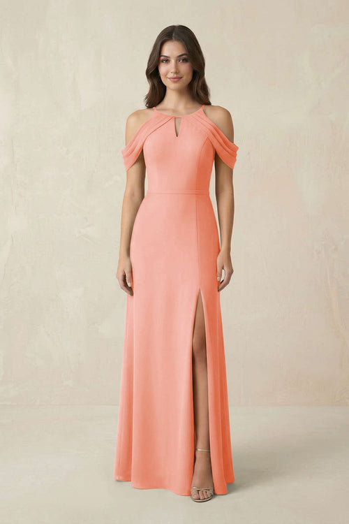 Off - the - Shoulder Chiffon Sheath Bridesmaid Dress With Slit in Rosette - SHE IS ME Bridesmaid Dresses