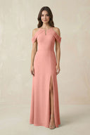 Off-the-Shoulder Chiffon Sheath Bridesmaid Dress With Slit in Rosette | KISSBRIDAL