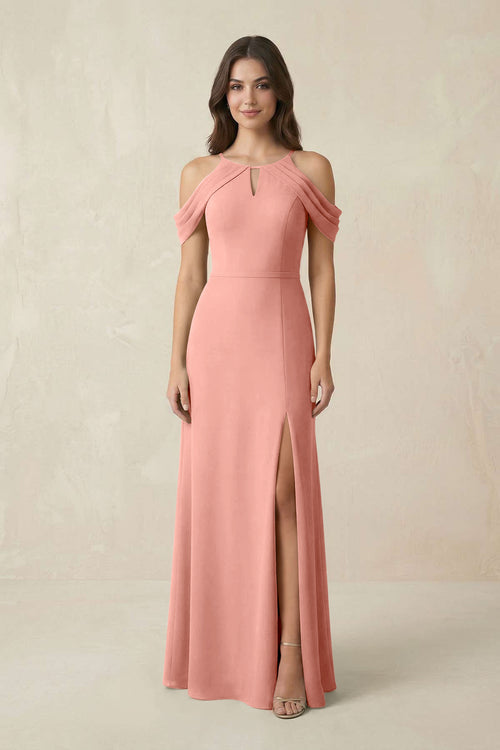 Off-the-Shoulder Chiffon Sheath Bridesmaid Dress With Slit in Rosette | KISSBRIDAL