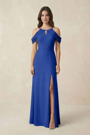 Off - the - Shoulder Chiffon Sheath Bridesmaid Dress With Slit in Royal Blue - SHE IS ME Bridesmaid Dresses