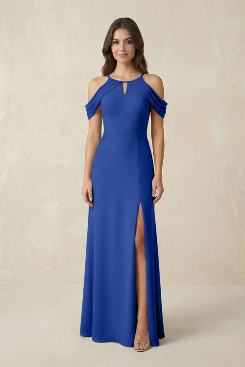 Off - the - Shoulder Chiffon Sheath Bridesmaid Dress With Slit in Royal Blue - SHE IS ME Bridesmaid Dresses