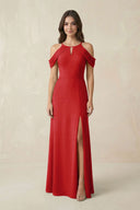 Off - the - Shoulder Chiffon Sheath Bridesmaid Dress With Slit in Ruby Red - SHE IS ME Bridesmaid Dresses