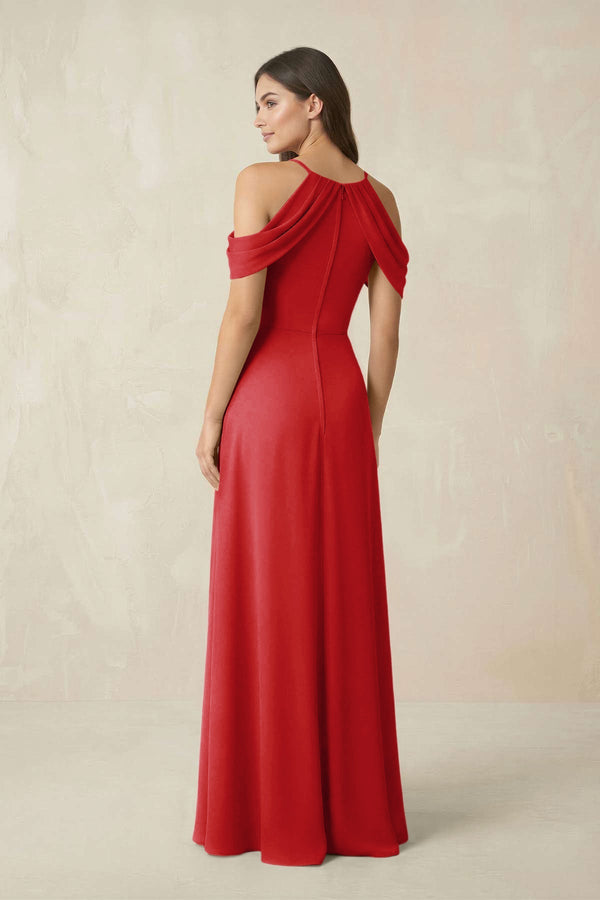 Off - the - Shoulder Chiffon Sheath Bridesmaid Dress With Slit in Ruby Red - SHE IS ME Bridesmaid Dresses