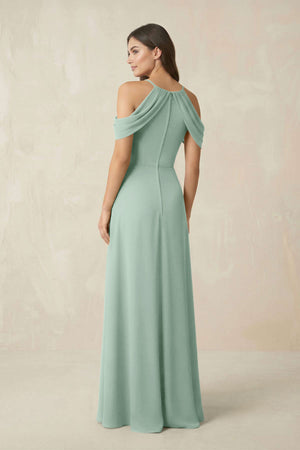 Off-the-Shoulder Chiffon Sheath Bridesmaid Dress With Slit in Sage (2) | KISSBRIDAL