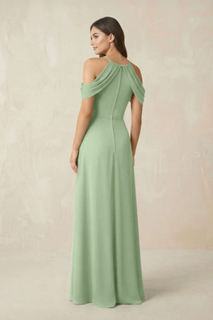 Off - the - Shoulder Chiffon Sheath Bridesmaid Dress With Slit in Sage - SHE IS ME Bridesmaid Dresses