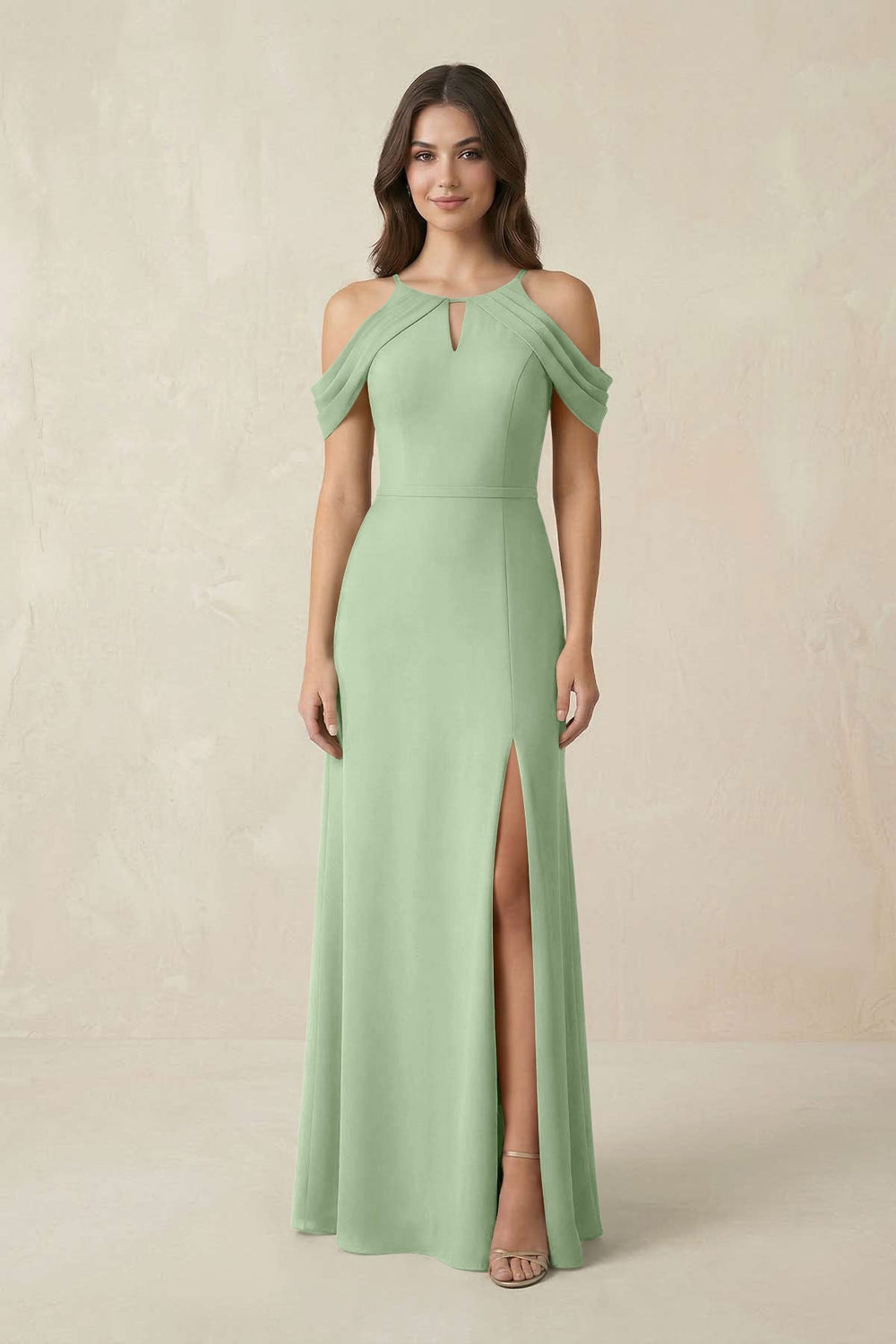 Off - the - Shoulder Chiffon Sheath Bridesmaid Dress With Slit in Sage - KISS BRIDAL Bridesmaid Dresses