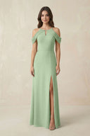 Off - the - Shoulder Chiffon Sheath Bridesmaid Dress With Slit in Sage - SHE IS ME Bridesmaid Dresses