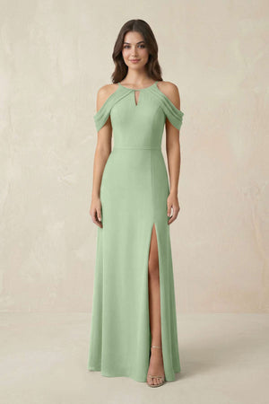 Off - the - Shoulder Chiffon Sheath Bridesmaid Dress With Slit in Sage - SHE IS ME Bridesmaid Dresses
