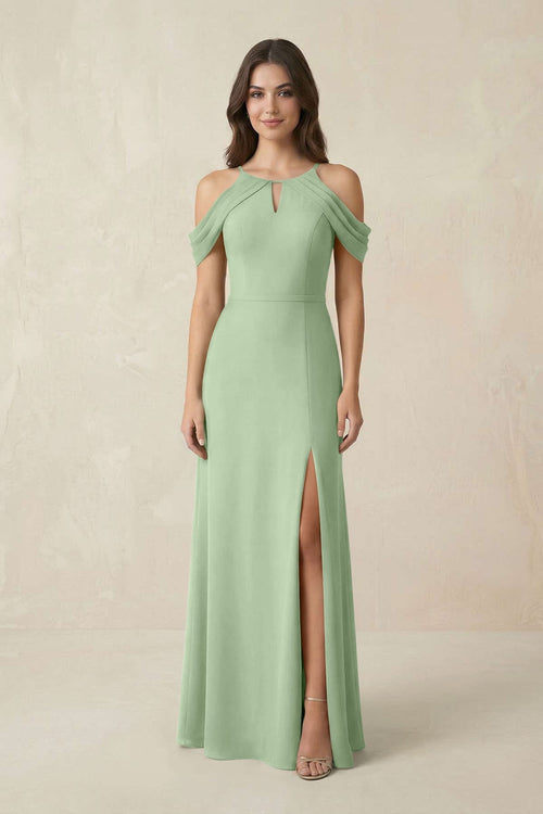 Off - the - Shoulder Chiffon Sheath Bridesmaid Dress With Slit in Sage - SHE IS ME Bridesmaid Dresses