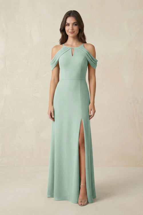 Off-the-Shoulder Chiffon Sheath Bridesmaid Dress With Slit in Sage | KISSBRIDAL