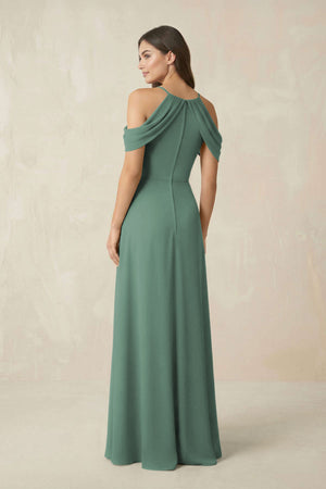 Off-the-Shoulder Chiffon Sheath Bridesmaid Dress With Slit in Sea Glass (2) | KISSBRIDAL