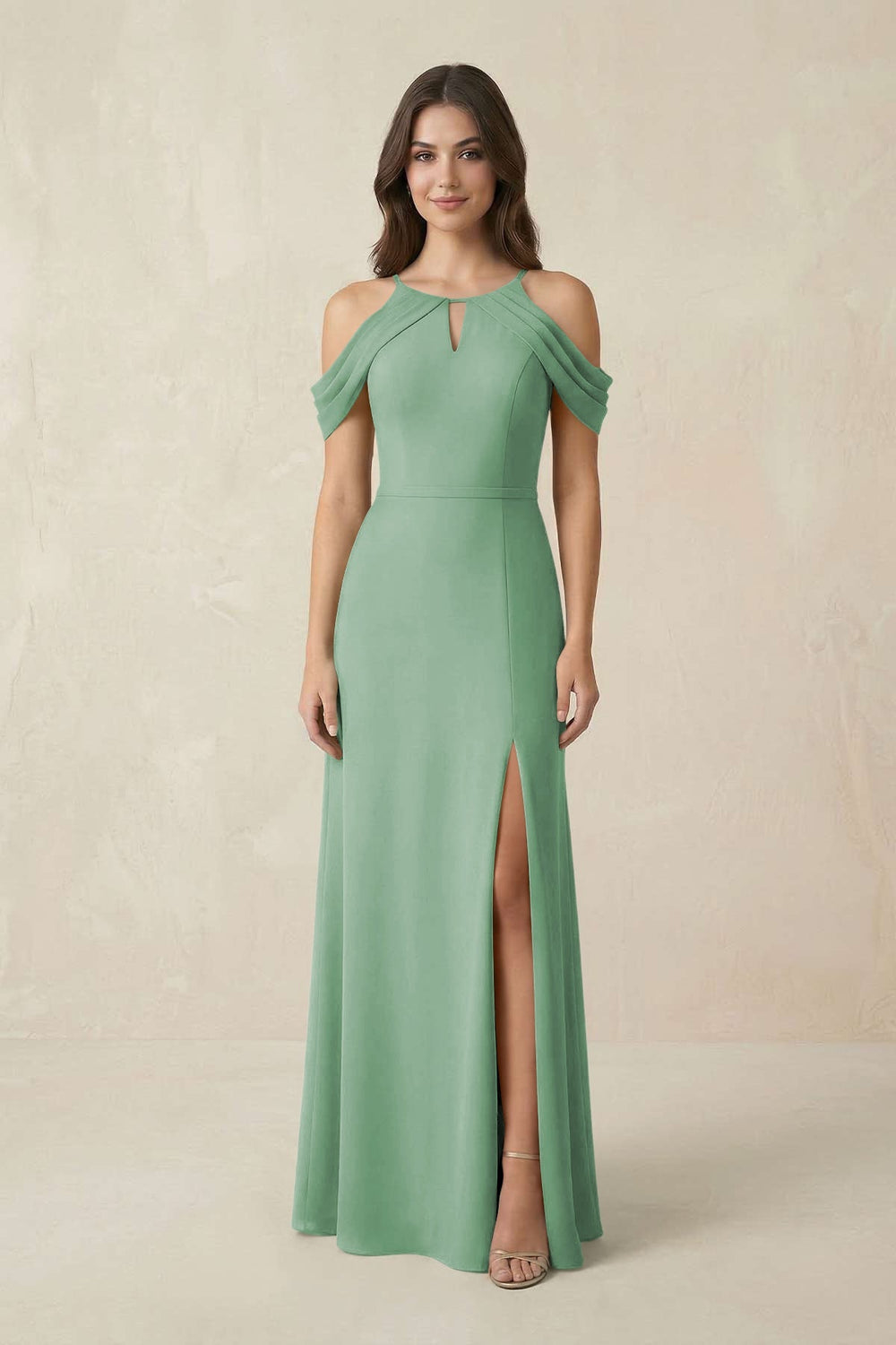 Off - the - Shoulder Chiffon Sheath Bridesmaid Dress With Slit in Sea Glass - KISS BRIDAL Bridesmaid Dresses