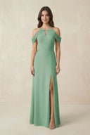 Off - the - Shoulder Chiffon Sheath Bridesmaid Dress With Slit in Sea Glass - SHE IS ME Bridesmaid Dresses