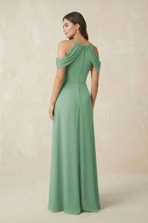 Off - the - Shoulder Chiffon Sheath Bridesmaid Dress With Slit in Sea Glass - SHE IS ME Bridesmaid Dresses