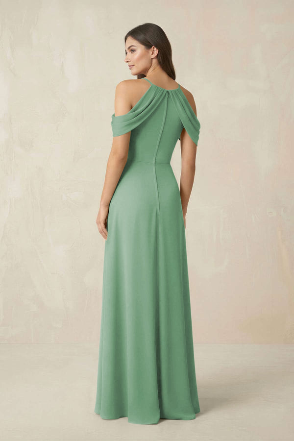 Off - the - Shoulder Chiffon Sheath Bridesmaid Dress With Slit in Sea Glass - SHE IS ME Bridesmaid Dresses