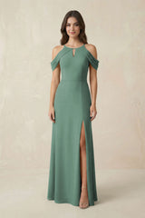 Off-the-Shoulder Chiffon Sheath Bridesmaid Dress With Slit in Sea Glass | KISSBRIDAL