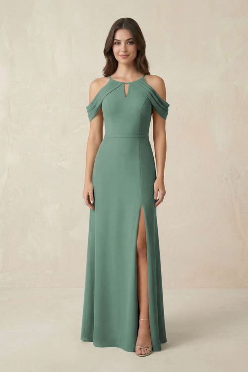 Off-the-Shoulder Chiffon Sheath Bridesmaid Dress With Slit in Sea Glass | KISSBRIDAL