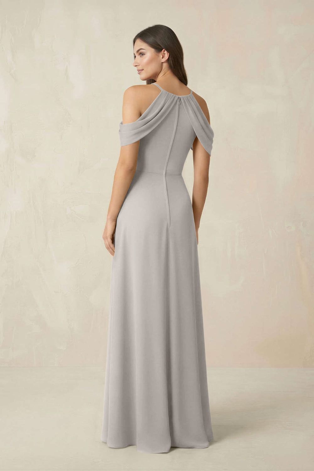 Off - the - Shoulder Chiffon Sheath Bridesmaid Dress With Slit in Silver - KISS BRIDAL Bridesmaid Dresses