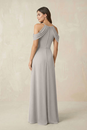Off - the - Shoulder Chiffon Sheath Bridesmaid Dress With Slit in Silver - SHE IS ME Bridesmaid Dresses