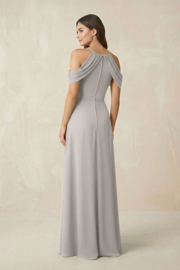 Off - the - Shoulder Chiffon Sheath Bridesmaid Dress With Slit in Silver - SHE IS ME Bridesmaid Dresses