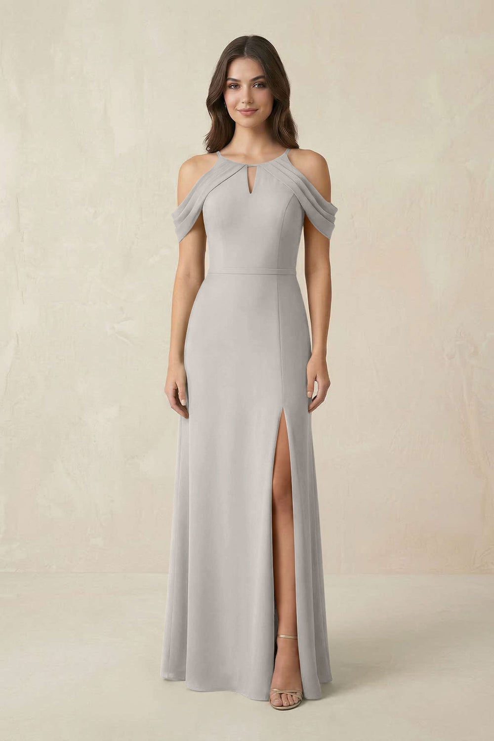 Off - the - Shoulder Chiffon Sheath Bridesmaid Dress With Slit in Silver - KISS BRIDAL Bridesmaid Dresses