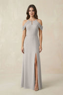 Off - the - Shoulder Chiffon Sheath Bridesmaid Dress With Slit in Silver - SHE IS ME Bridesmaid Dresses