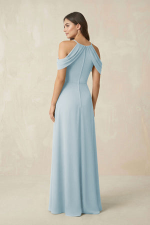 Off-the-Shoulder Chiffon Sheath Bridesmaid Dress With  Slit in Sky Blue (2) | KISSBRIDAL