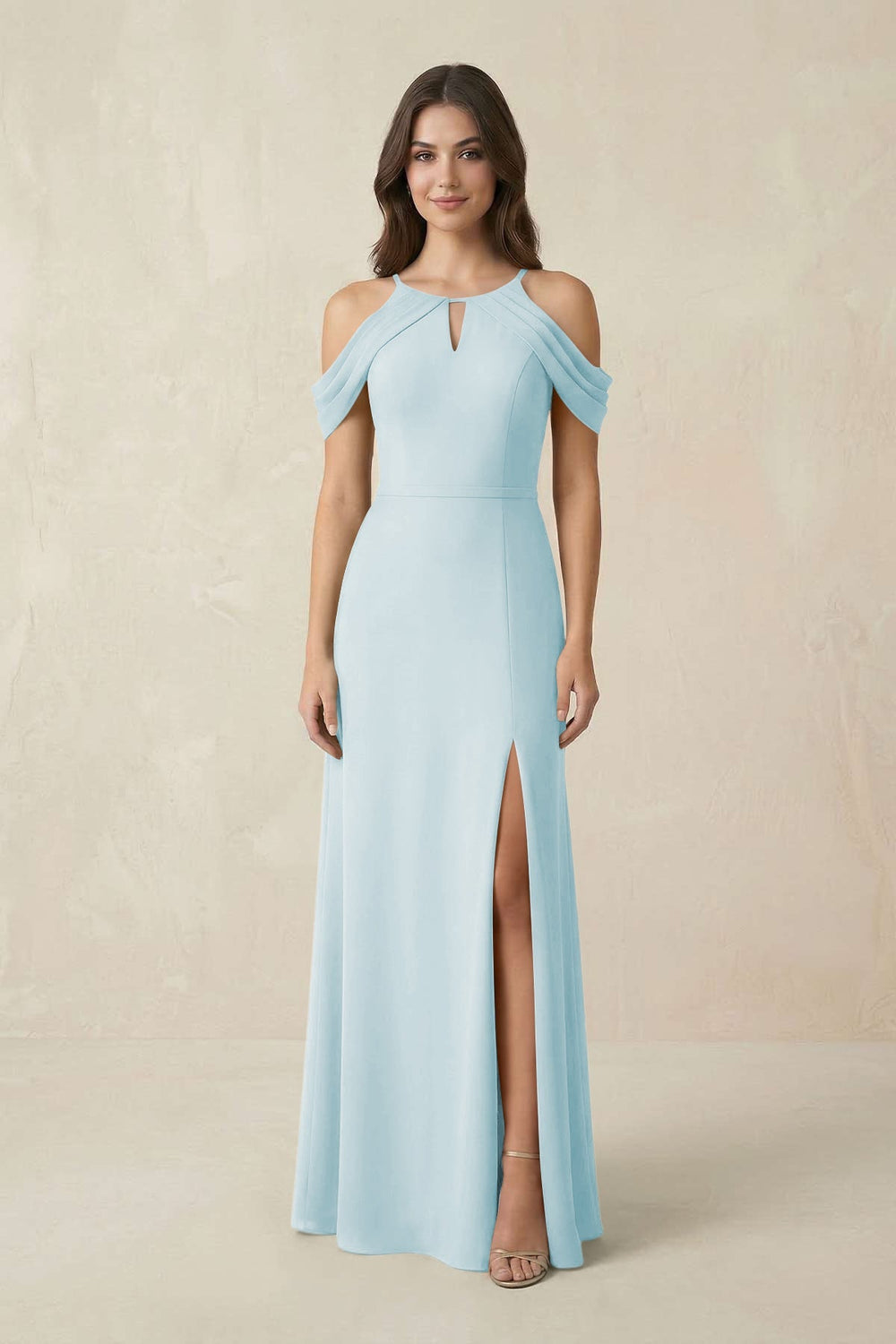 Off - the - Shoulder Chiffon Sheath Bridesmaid Dress With Slit in Sky Blue - KISS BRIDAL Bridesmaid Dresses