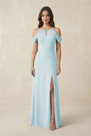 Off - the - Shoulder Chiffon Sheath Bridesmaid Dress With Slit in Sky Blue - SHE IS ME Bridesmaid Dresses