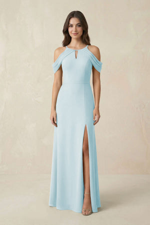 Off - the - Shoulder Chiffon Sheath Bridesmaid Dress With Slit in Sky Blue - SHE IS ME Bridesmaid Dresses