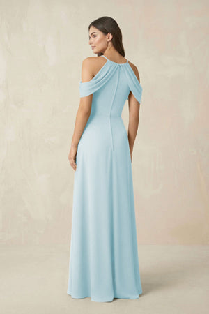 Off - the - Shoulder Chiffon Sheath Bridesmaid Dress With Slit in Sky Blue - SHE IS ME Bridesmaid Dresses