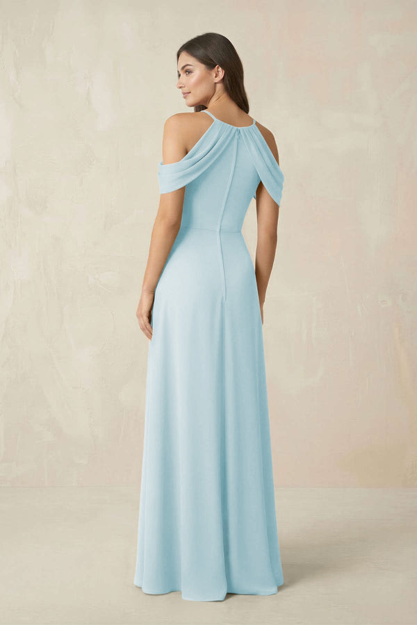 Off - the - Shoulder Chiffon Sheath Bridesmaid Dress With Slit in Sky Blue - SHE IS ME Bridesmaid Dresses