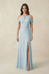 Off-the-Shoulder Chiffon Sheath Bridesmaid Dress With  Slit in Sky Blue | KISSBRIDAL